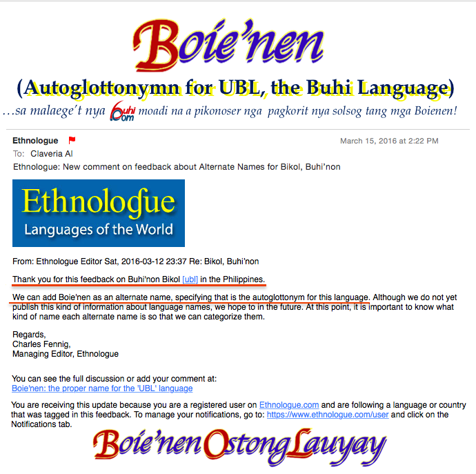 "Boie'nen" is the Autoglottonym for the Buhi Language (Ethnologue code: UBL